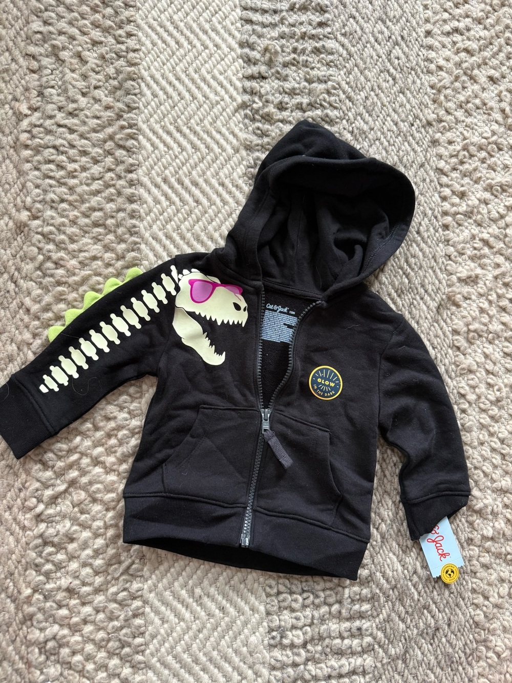 Cat & Jack Black Zip-Up Hoodie with Dino Skull & Neon Green Spikes 12 months nwt